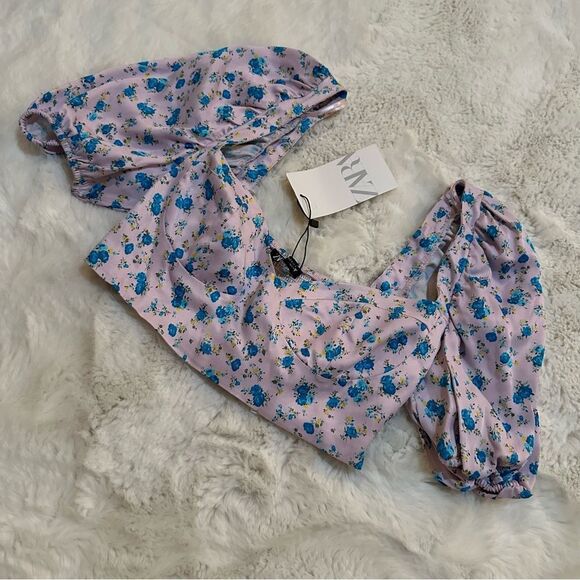 NWT Zara light purple with blue floral print cropped milkmaid busteir top - Picture 7 of 7